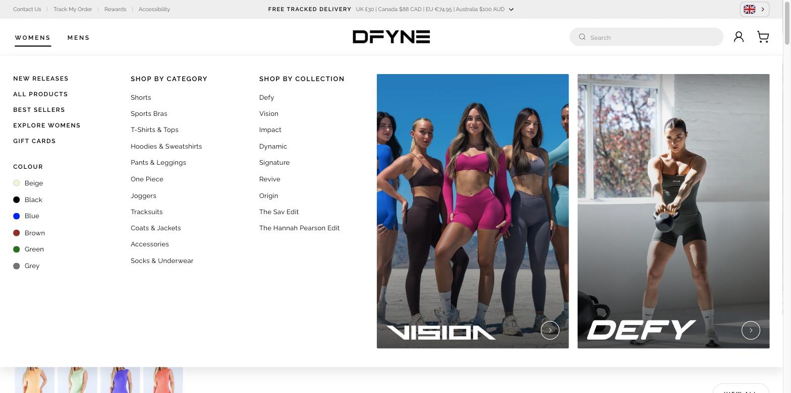 DFYNE womens mega menu open, showing quick links and a colour filter, Shop by Category, Shop by Collection, and two editorial collection tiles