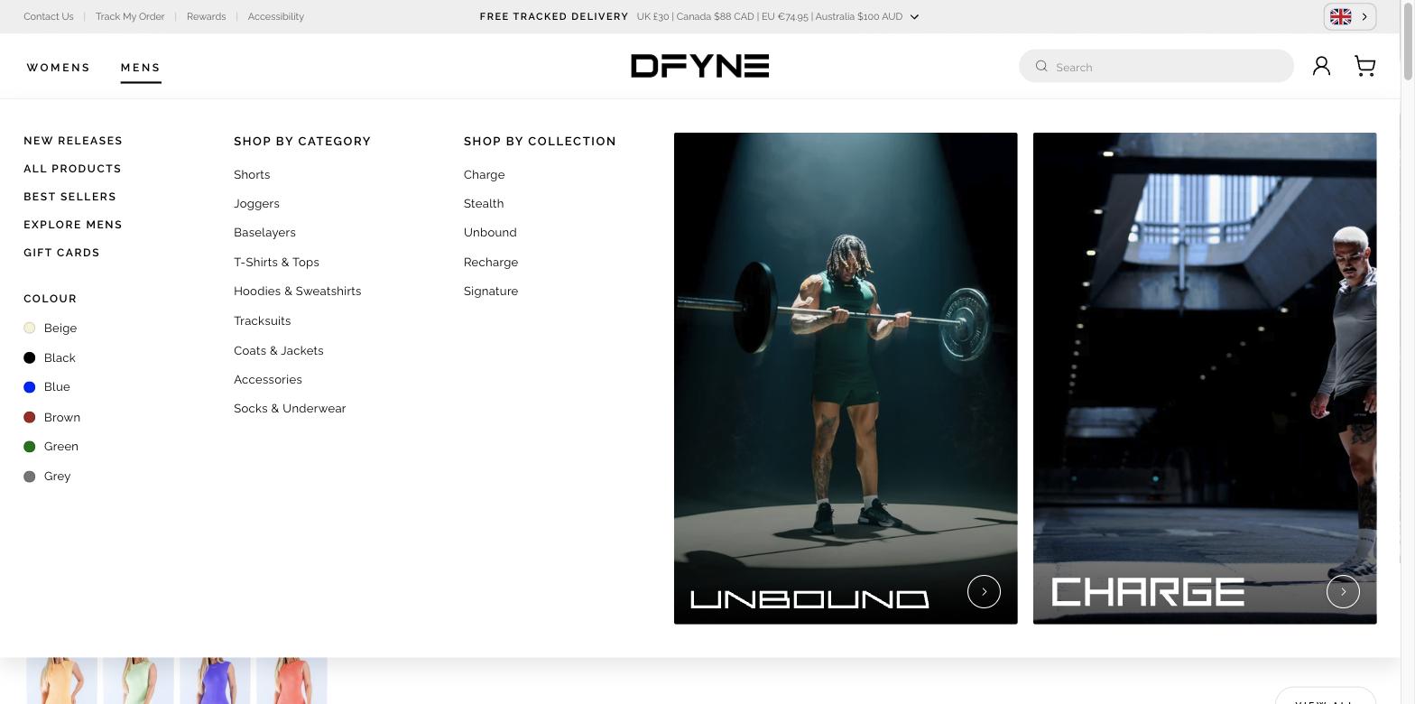 DFYNE mens mega menu open, showing the same column structure with shorter category and collection lists