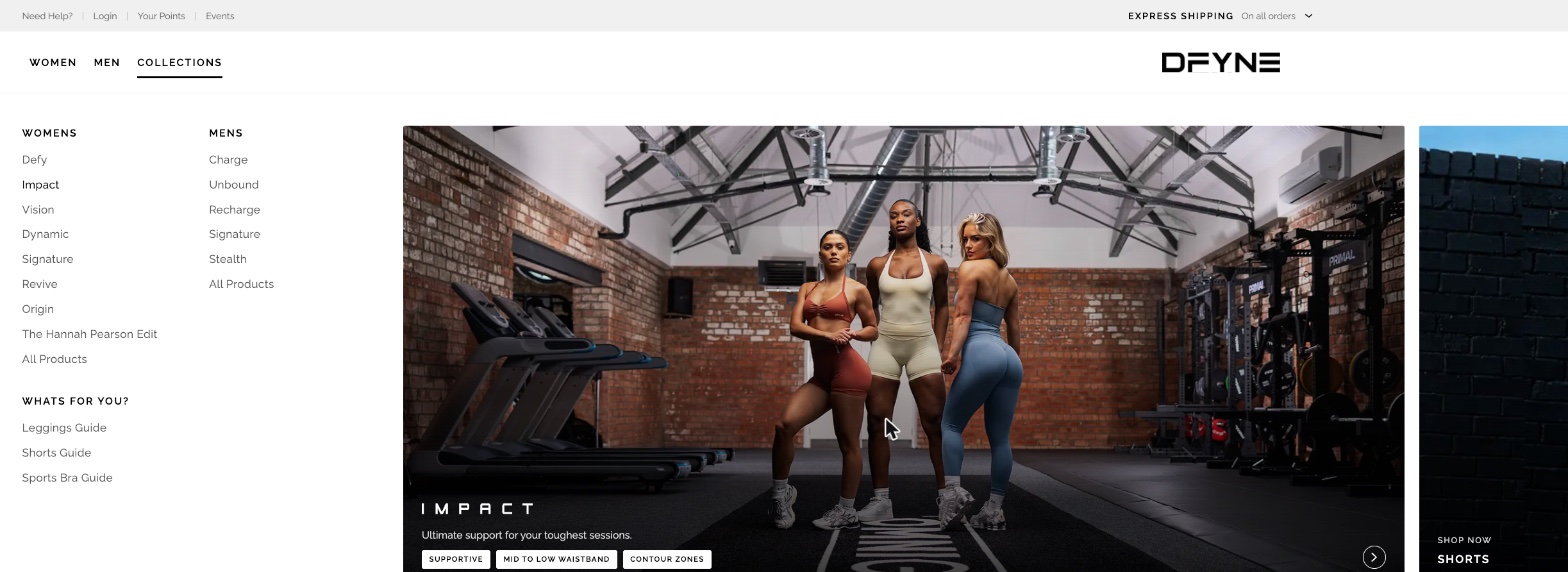 The Collections menu with Impact hovered, showing an editorial tile tagged Supportive, Mid to low waistband, Contour zones