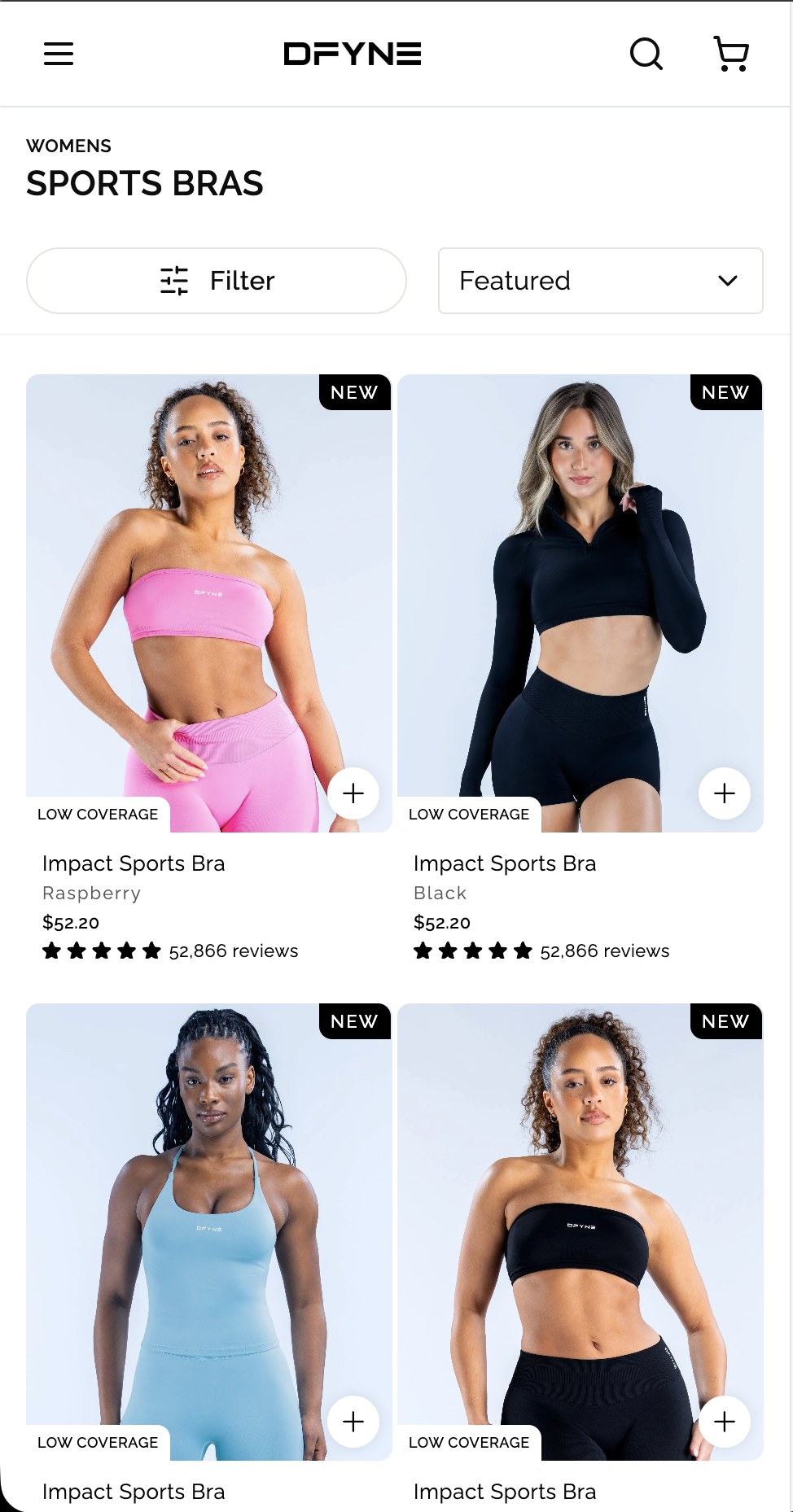 The DFYNE womens sports bras collection on mobile, each card carrying a circular plus button