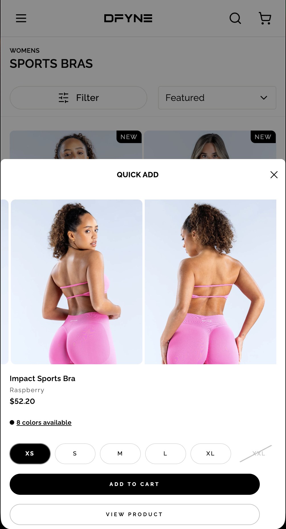 The sheet with XS selected and the primary button now reading Add to Cart