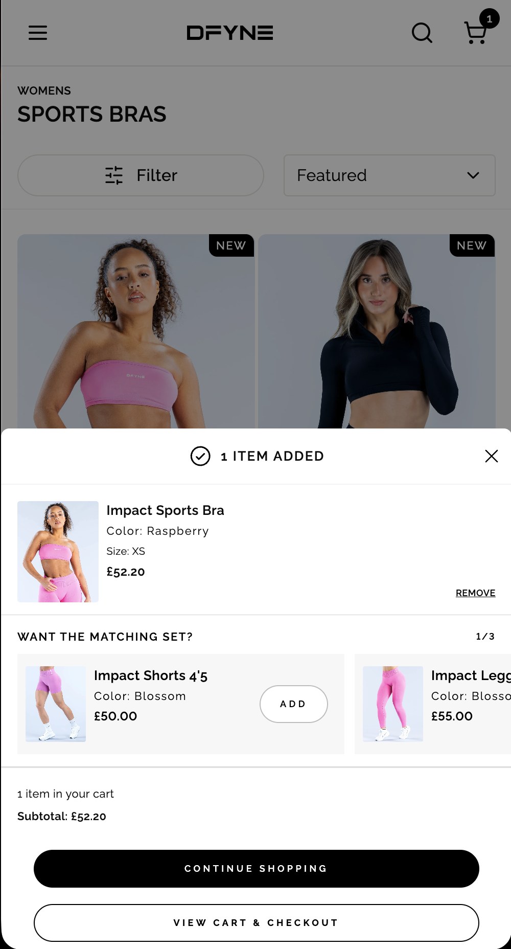 The confirmation sheet reading 1 item added, with a Want the matching set? carousel and running subtotal