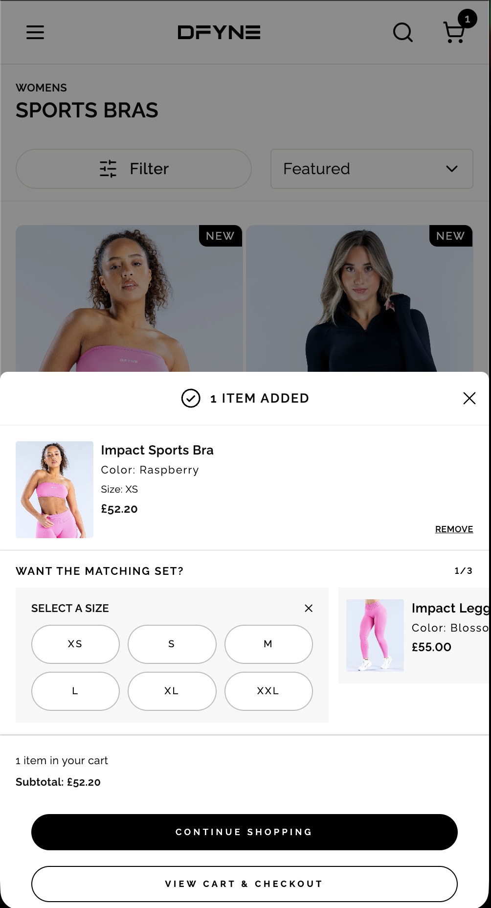 The matching set carousel with one slot expanded into a Select a size panel
