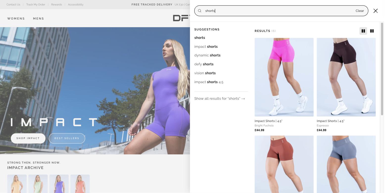 DFYNE search panel open on desktop with the query shorts — suggestions on the left, six results on the right
