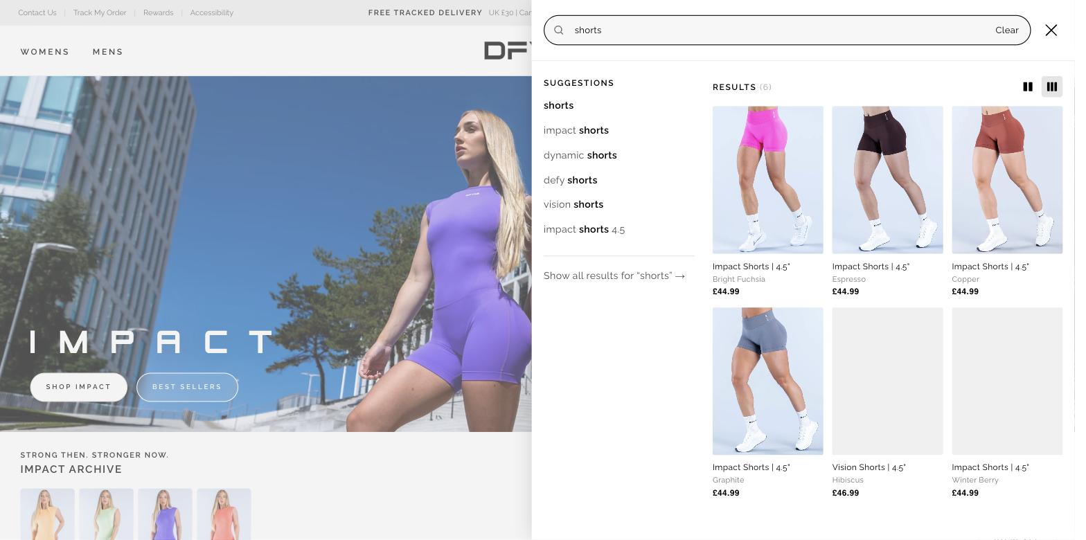The same shorts search in three-up density, nine smaller cards, suggestion column unchanged