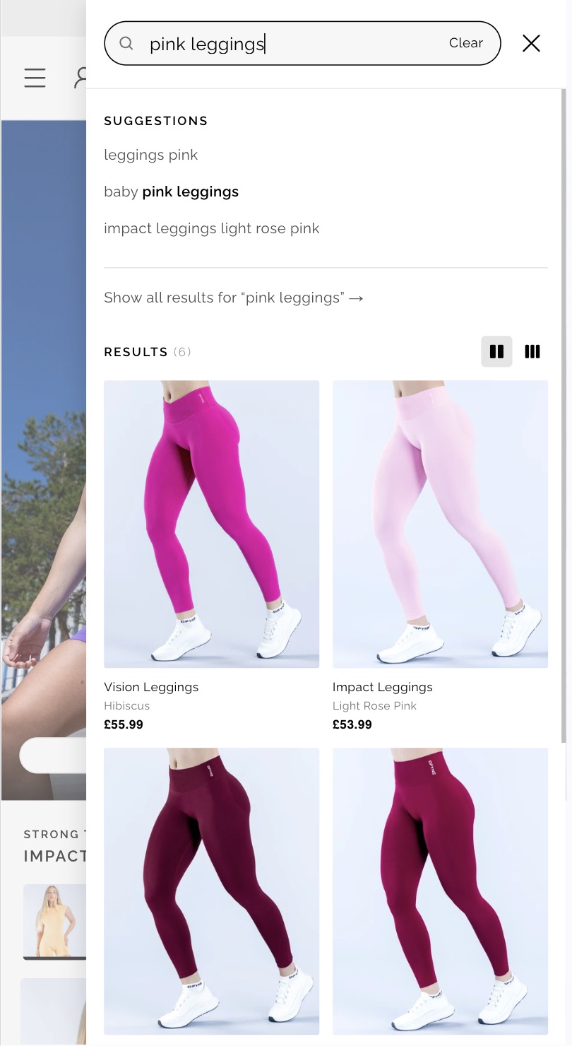 DFYNE search on mobile with the query pink leggings — suggestions and a two-up grid of results naming each colourway